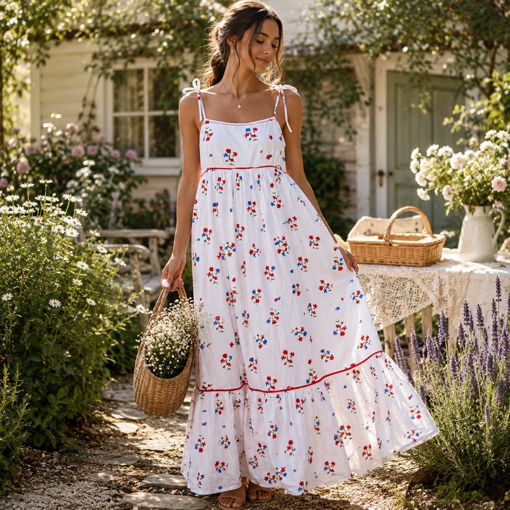 Olivia James The Label Floral Maxi Dress Size L White Cotton Tie Strap Cottage